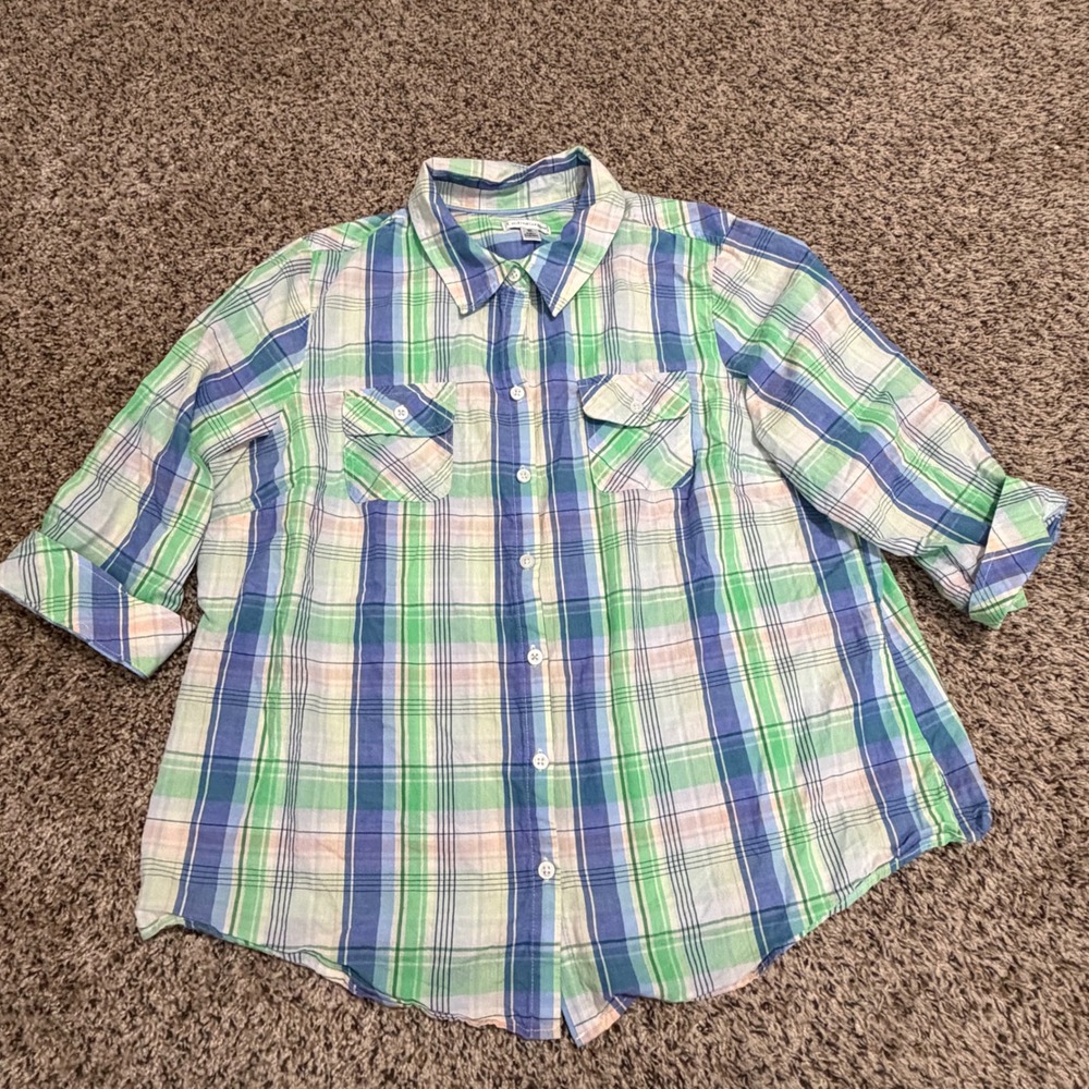 Croft & Barrow Womens XL Plaid Button Down Shirt Green Blue Cotton 3/4 Sleeve